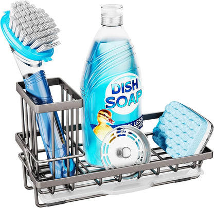 Sponge Holder for Kitchen Sink - Kitchen Sink Caddy Organizer with Removable Drip Tray for Countertop Dish Soap Dispenser Brush Storage Accessories 304 Stainless Steel - Black