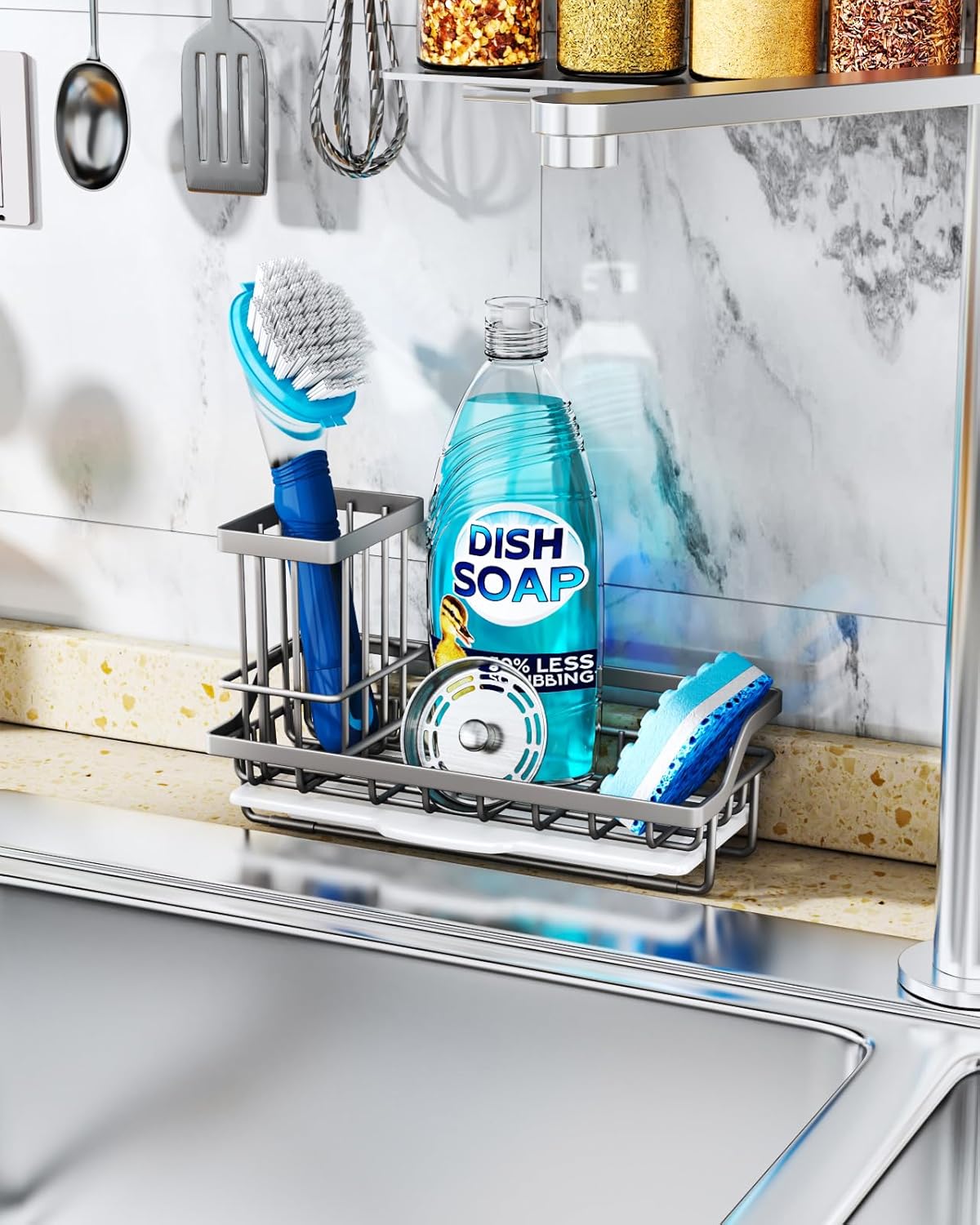 Sponge Holder for Kitchen Sink - Kitchen Sink Caddy Organizer with Removable Drip Tray for Countertop Dish Soap Dispenser Brush Storage Accessories 304 Stainless Steel - Black
