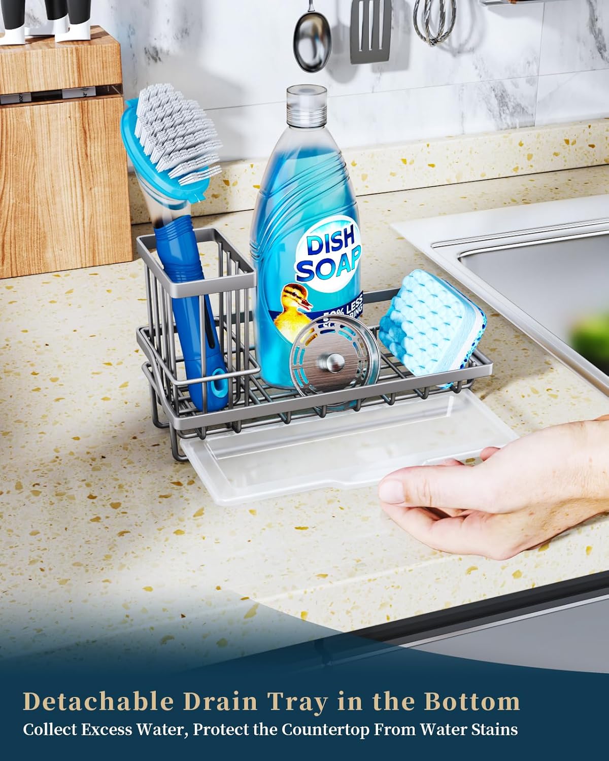 Sponge Holder for Kitchen Sink - Kitchen Sink Caddy Organizer with Removable Drip Tray for Countertop Dish Soap Dispenser Brush Storage Accessories 304 Stainless Steel - Black
