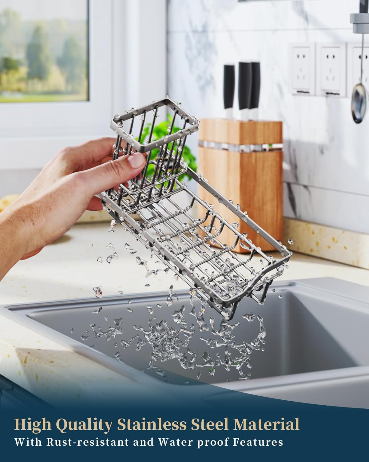 Sponge Holder for Kitchen Sink - Kitchen Sink Caddy Organizer with Removable Drip Tray for Countertop Dish Soap Dispenser Brush Storage Accessories 304 Stainless Steel - Black