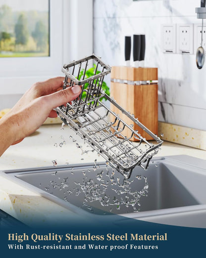Sponge Holder for Kitchen Sink - Kitchen Sink Caddy Organizer with Removable Drip Tray for Countertop Dish Soap Dispenser Brush Storage Accessories 304 Stainless Steel - Black