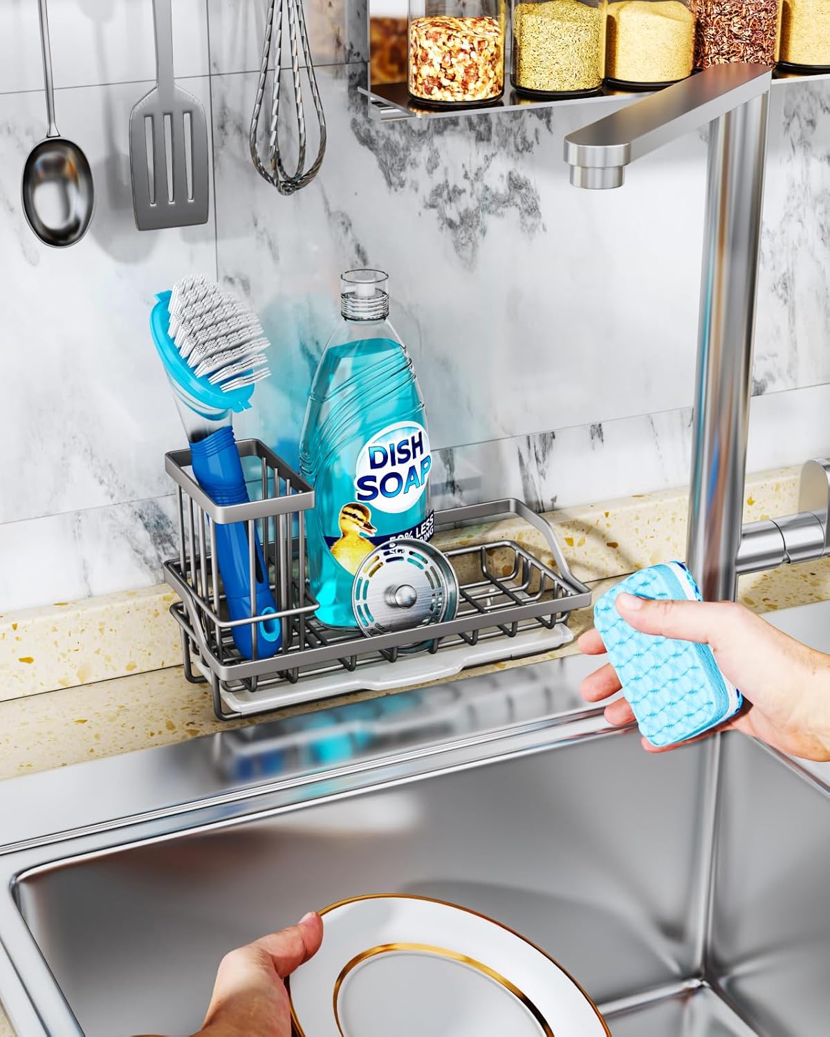 Sponge Holder for Kitchen Sink - Kitchen Sink Caddy Organizer with Removable Drip Tray for Countertop Dish Soap Dispenser Brush Storage Accessories 304 Stainless Steel - Black
