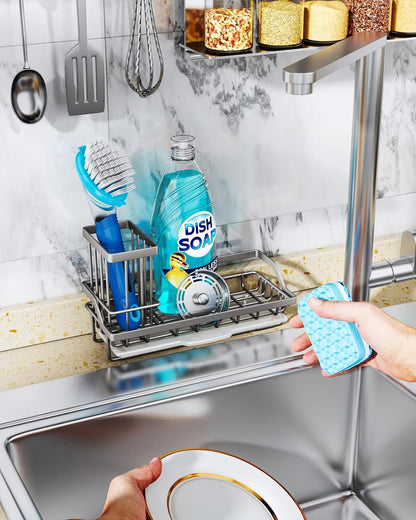 Sponge Holder for Kitchen Sink - Kitchen Sink Caddy Organizer with Removable Drip Tray for Countertop Dish Soap Dispenser Brush Storage Accessories 304 Stainless Steel - Black