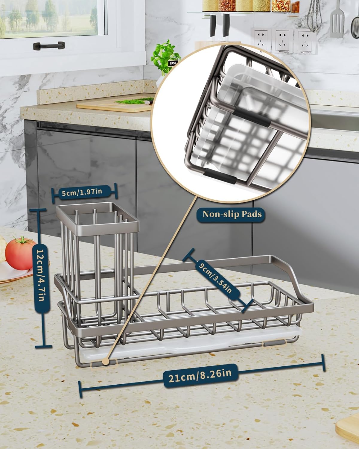Sponge Holder for Kitchen Sink - Kitchen Sink Caddy Organizer with Removable Drip Tray for Countertop Dish Soap Dispenser Brush Storage Accessories 304 Stainless Steel - Black