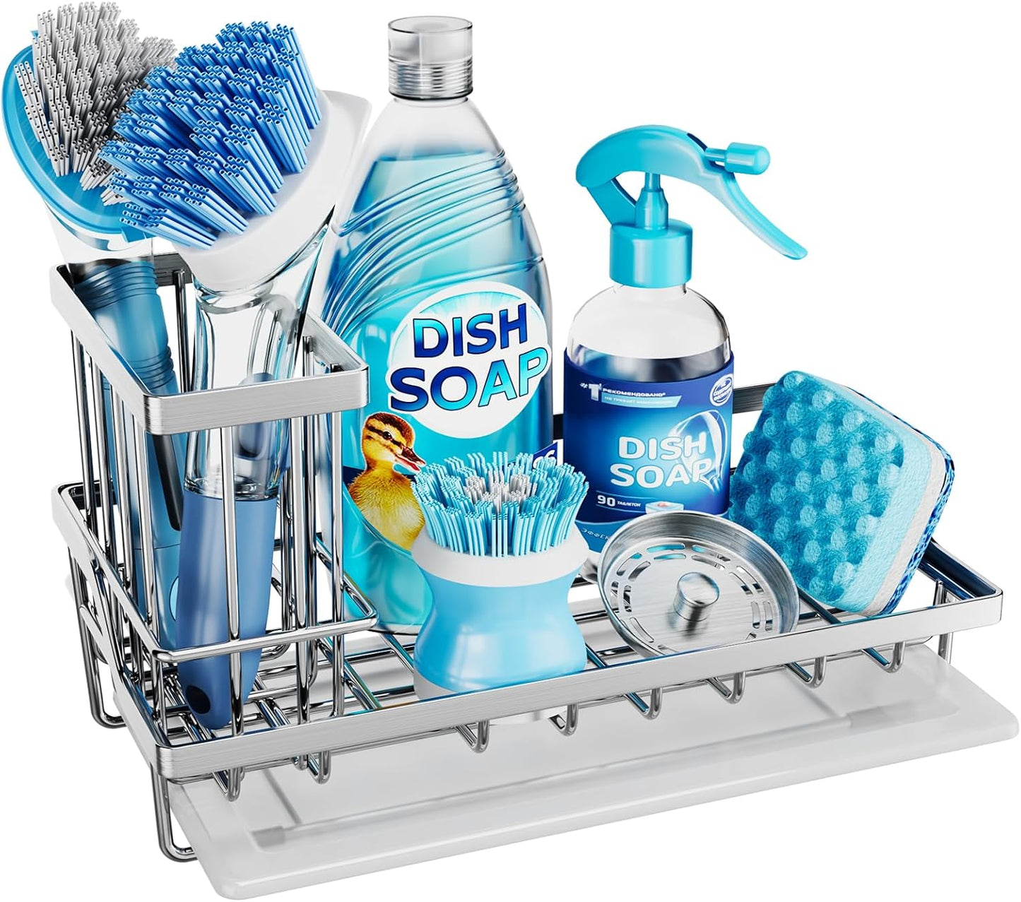 Sponge Holder for Kitchen Sink - Kitchen Sink Caddy Organizer with Removable Drip Tray for Countertop Dish Soap Dispenser Brush Storage Accessories 304 Stainless Steel - Black