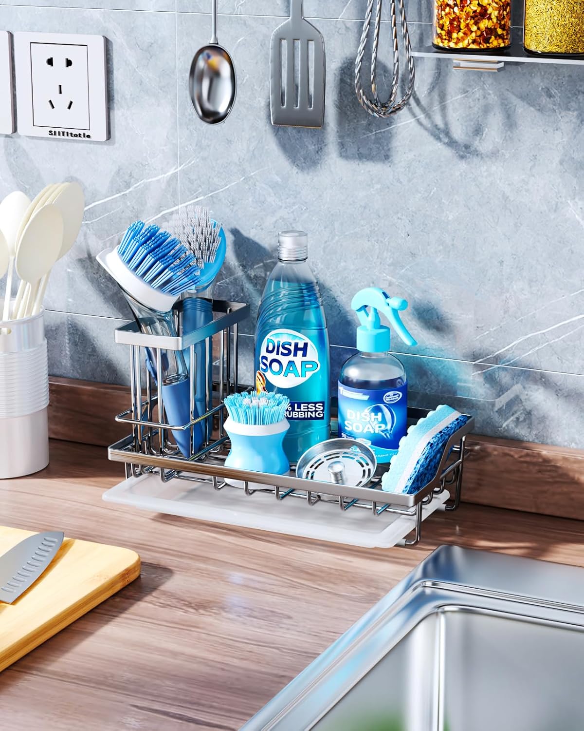 Sponge Holder for Kitchen Sink - Kitchen Sink Caddy Organizer with Removable Drip Tray for Countertop Dish Soap Dispenser Brush Storage Accessories 304 Stainless Steel - Black