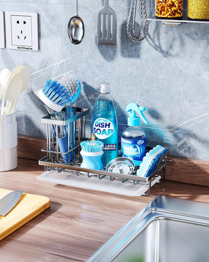 Sponge Holder for Kitchen Sink - Kitchen Sink Caddy Organizer with Removable Drip Tray for Countertop Dish Soap Dispenser Brush Storage Accessories 304 Stainless Steel - Black