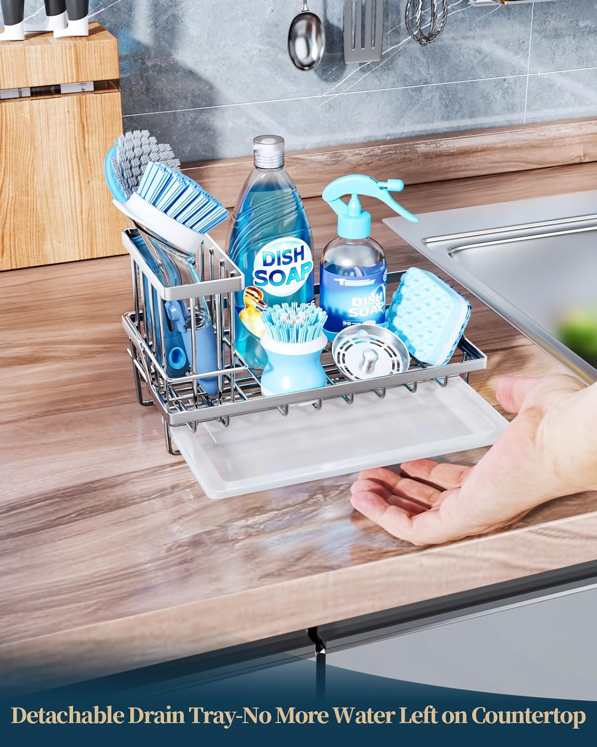 Sponge Holder for Kitchen Sink - Kitchen Sink Caddy Organizer with Removable Drip Tray for Countertop Dish Soap Dispenser Brush Storage Accessories 304 Stainless Steel - Black