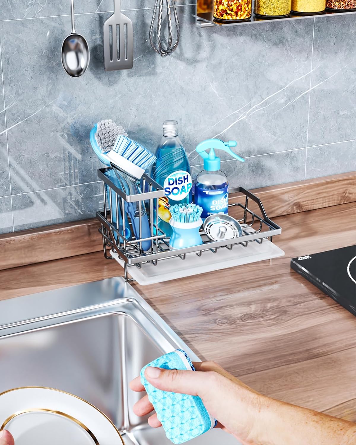 Sponge Holder for Kitchen Sink - Kitchen Sink Caddy Organizer with Removable Drip Tray for Countertop Dish Soap Dispenser Brush Storage Accessories 304 Stainless Steel - Black