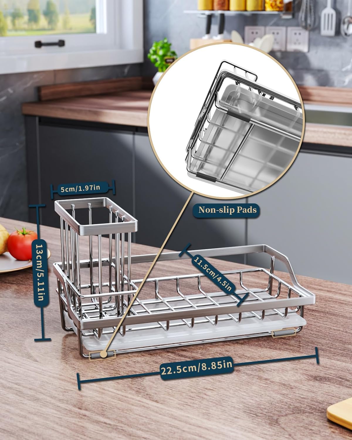 Sponge Holder for Kitchen Sink - Kitchen Sink Caddy Organizer with Removable Drip Tray for Countertop Dish Soap Dispenser Brush Storage Accessories 304 Stainless Steel - Black