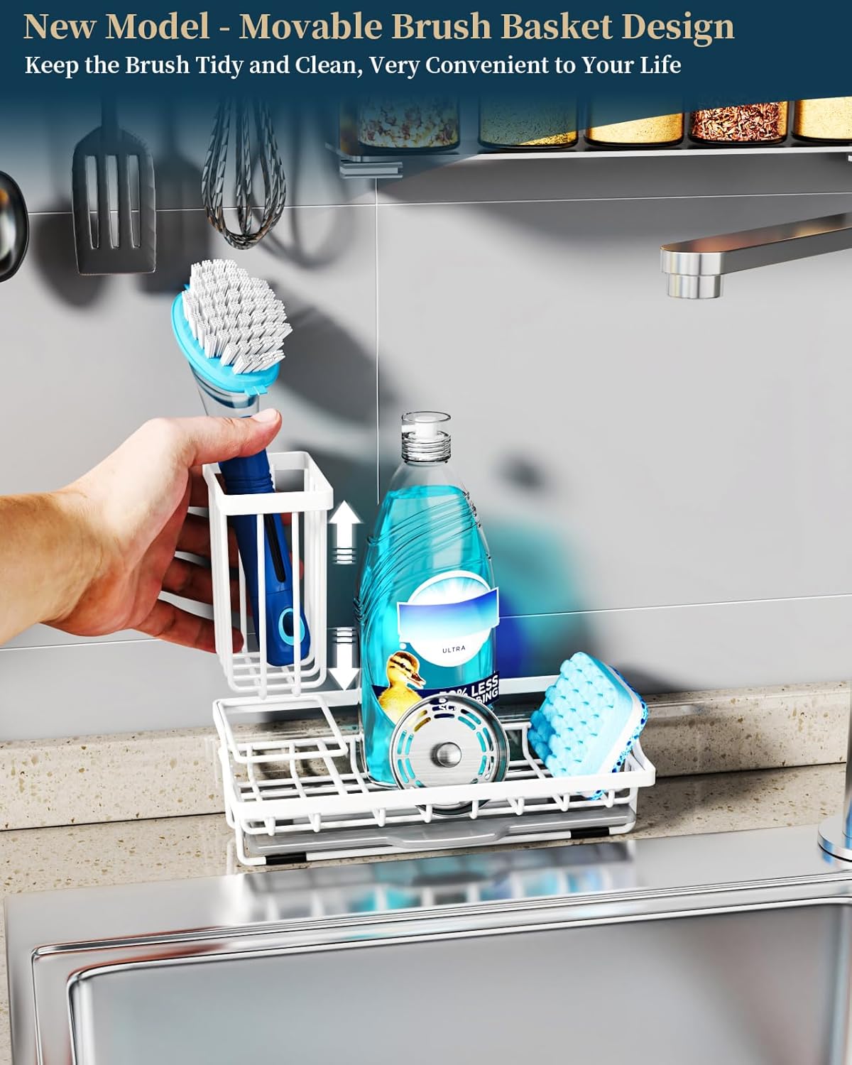 Sponge Holder for Kitchen Sink - Kitchen Sink Caddy Organizer with Removable Drip Tray for Countertop Dish Soap Dispenser Brush Storage Accessories 304 Stainless Steel - Black