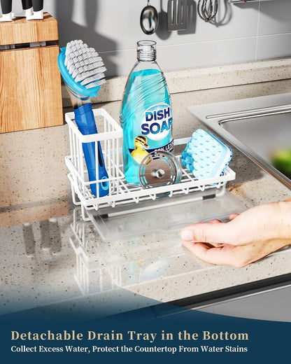 Sponge Holder for Kitchen Sink - Kitchen Sink Caddy Organizer with Removable Drip Tray for Countertop Dish Soap Dispenser Brush Storage Accessories 304 Stainless Steel - Black
