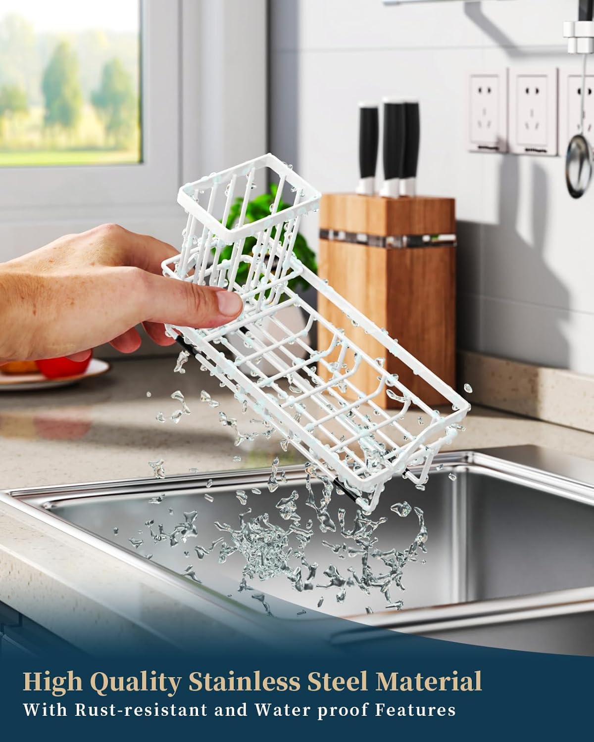 Sponge Holder for Kitchen Sink - Kitchen Sink Caddy Organizer with Removable Drip Tray for Countertop Dish Soap Dispenser Brush Storage Accessories 304 Stainless Steel - Black