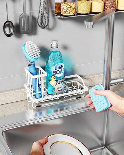 Sponge Holder for Kitchen Sink - Kitchen Sink Caddy Organizer with Removable Drip Tray for Countertop Dish Soap Dispenser Brush Storage Accessories 304 Stainless Steel - Black