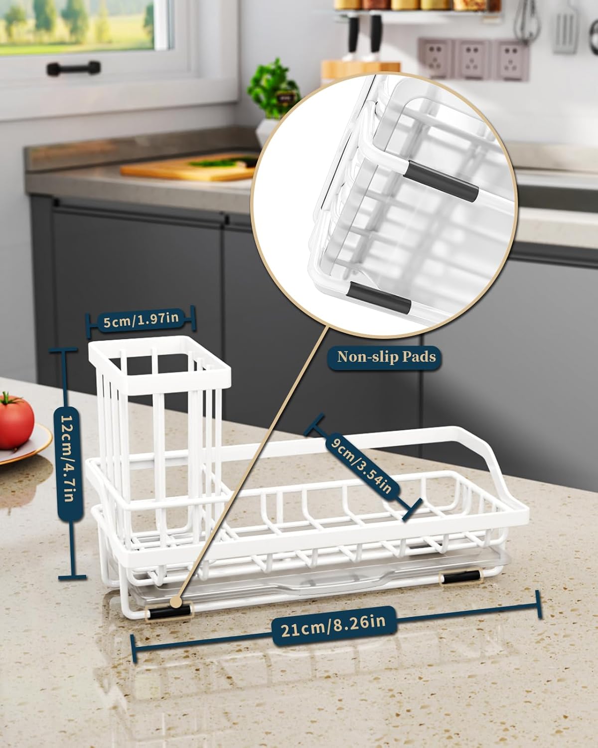 Sponge Holder for Kitchen Sink - Kitchen Sink Caddy Organizer with Removable Drip Tray for Countertop Dish Soap Dispenser Brush Storage Accessories 304 Stainless Steel - Black