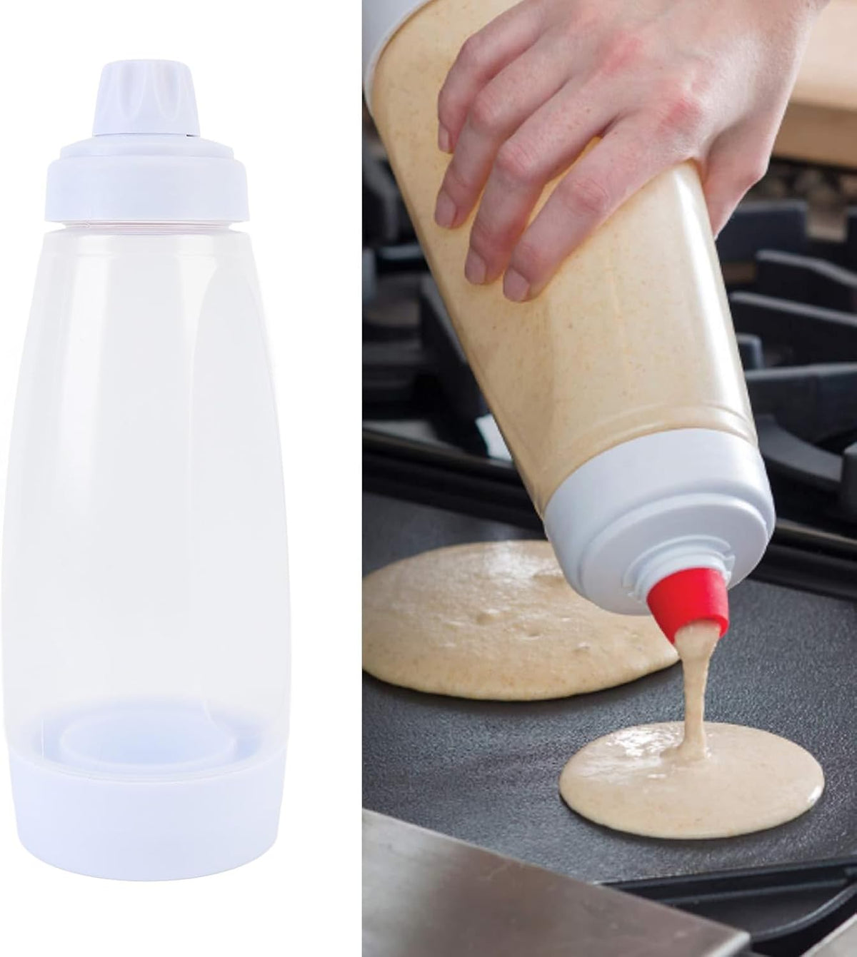 Effortless Pancake Batter Dispenser | 1000ML Squeeze Shaker with Mixing Ball & Wire Whisk | No Lump, Non Stick | Ideal for Crepes, Waffles & Baking