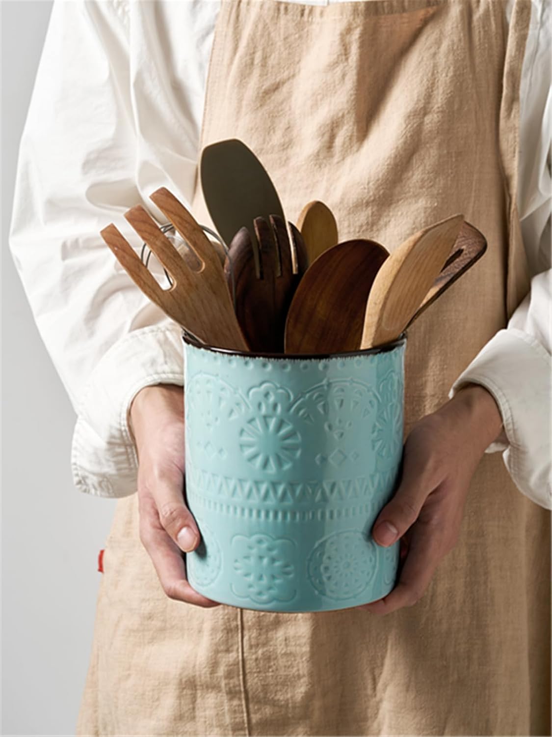 7.2" Kitchen Utensil Holder, Extra Large Farmhouse Utensil Holders for Countertop, Ceramic Utensil Crock, Anti Slip Cork Bottom