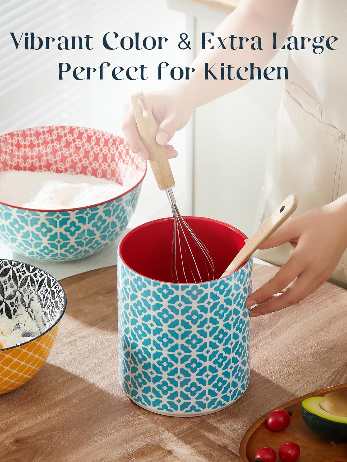 7.2" Kitchen Utensil Holder, Extra Large Farmhouse Utensil Holders for Countertop, Ceramic Utensil Crock, Anti Slip Cork Bottom
