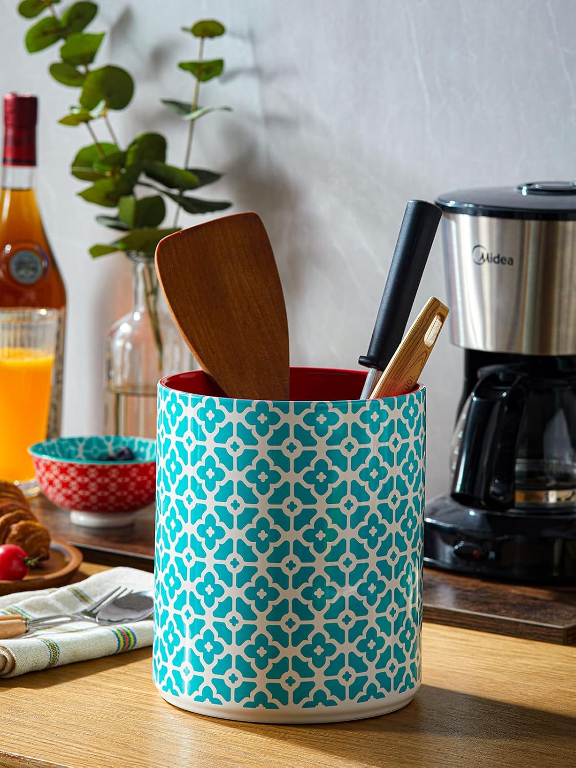 7.2" Kitchen Utensil Holder, Extra Large Farmhouse Utensil Holders for Countertop, Ceramic Utensil Crock, Anti Slip Cork Bottom