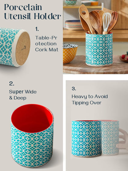 7.2" Kitchen Utensil Holder, Extra Large Farmhouse Utensil Holders for Countertop, Ceramic Utensil Crock, Anti Slip Cork Bottom