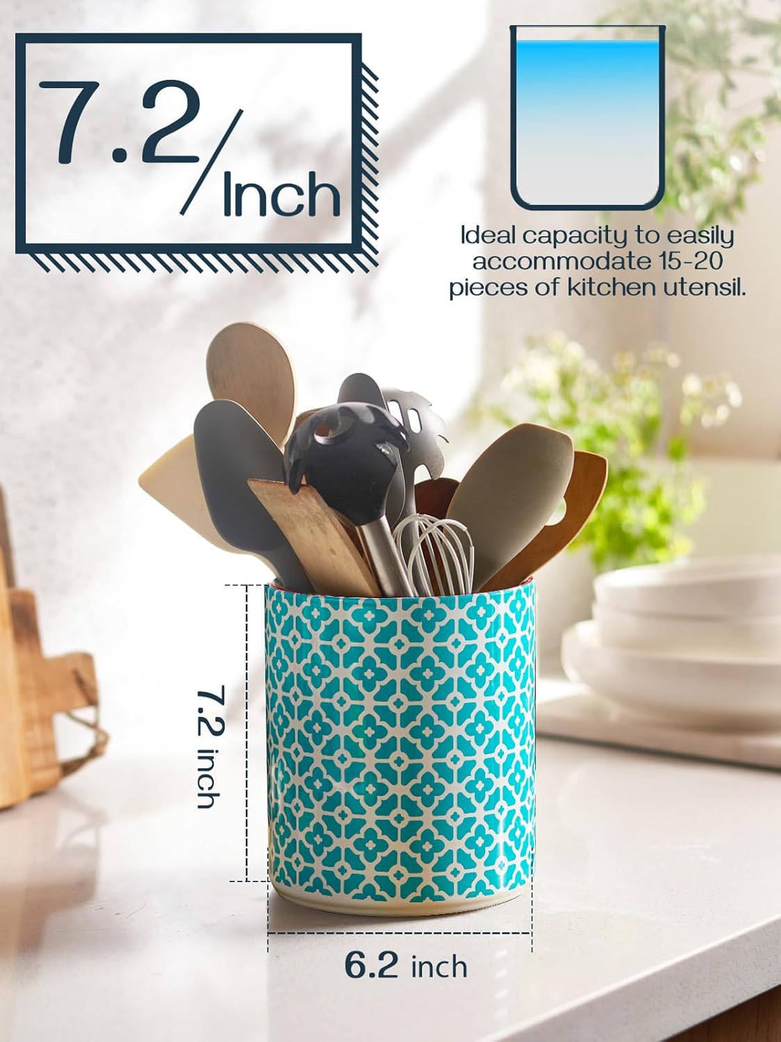 7.2" Kitchen Utensil Holder, Extra Large Farmhouse Utensil Holders for Countertop, Ceramic Utensil Crock, Anti Slip Cork Bottom