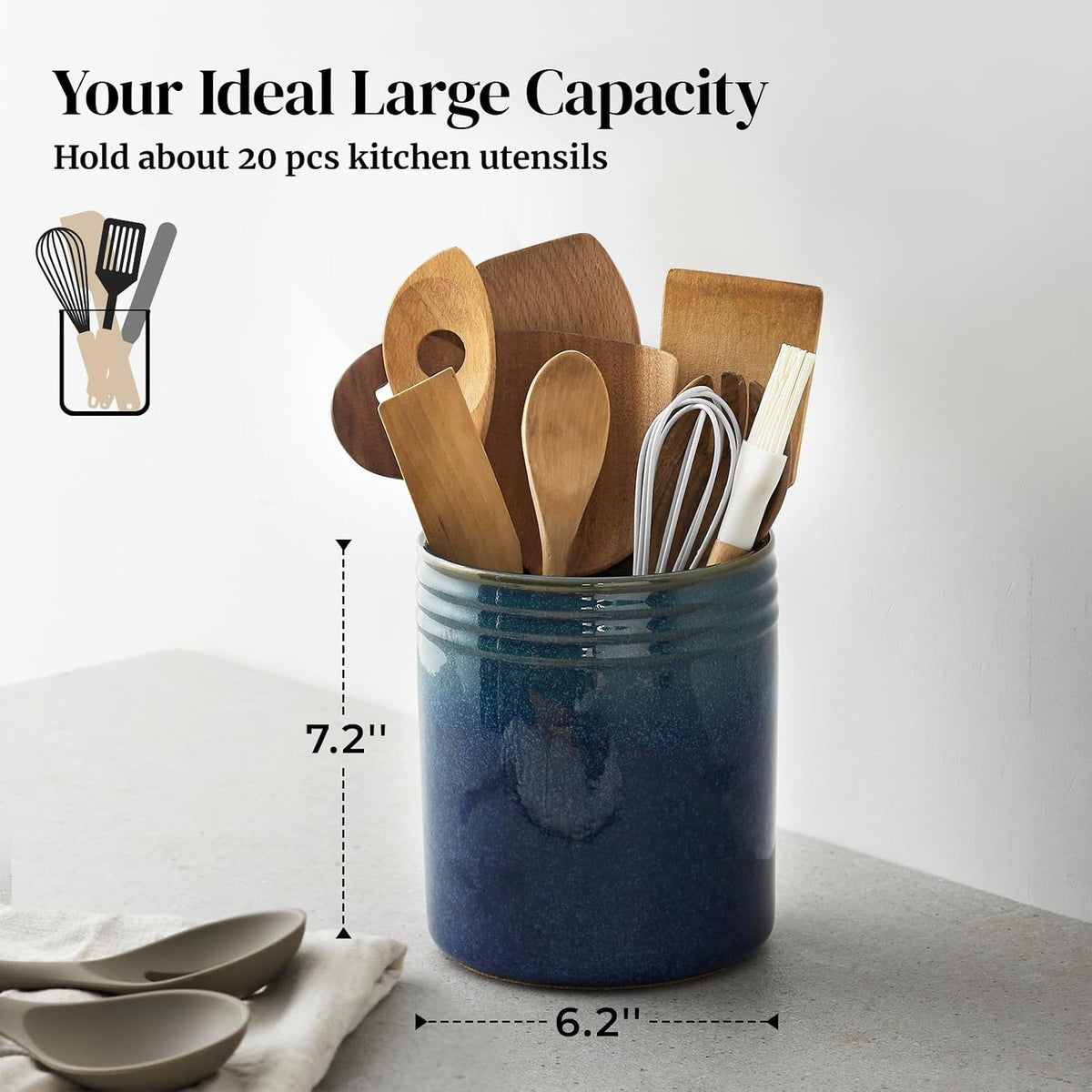 7.2" Kitchen Utensil Holder, Extra Large Farmhouse Utensil Holders for Countertop, Ceramic Utensil Crock, Anti Slip Cork Bottom
