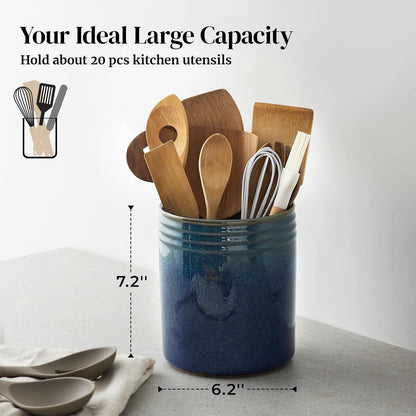 7.2" Kitchen Utensil Holder, Extra Large Farmhouse Utensil Holders for Countertop, Ceramic Utensil Crock, Anti Slip Cork Bottom