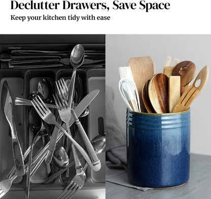 7.2" Kitchen Utensil Holder, Extra Large Farmhouse Utensil Holders for Countertop, Ceramic Utensil Crock, Anti Slip Cork Bottom