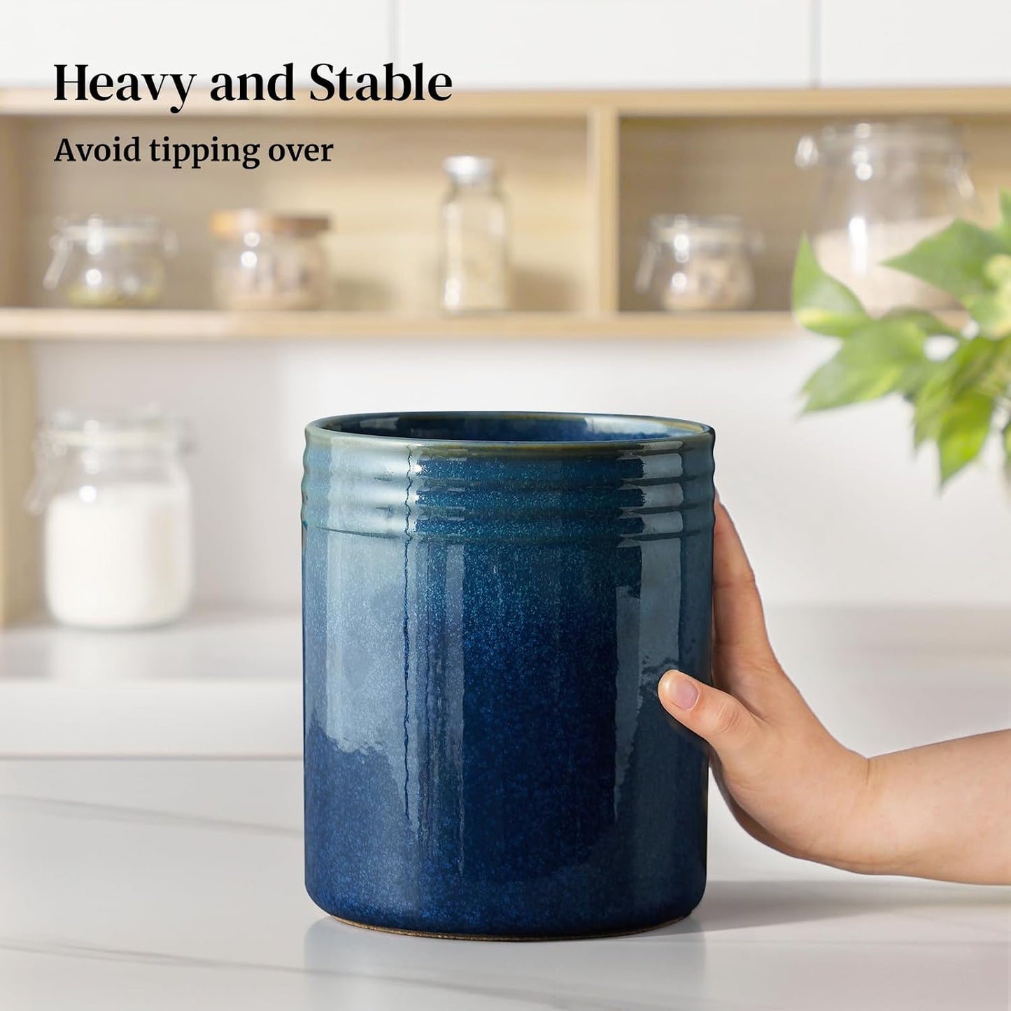 7.2" Kitchen Utensil Holder, Extra Large Farmhouse Utensil Holders for Countertop, Ceramic Utensil Crock, Anti Slip Cork Bottom