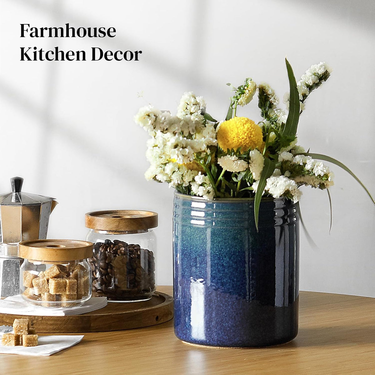 7.2" Kitchen Utensil Holder, Extra Large Farmhouse Utensil Holders for Countertop, Ceramic Utensil Crock, Anti Slip Cork Bottom