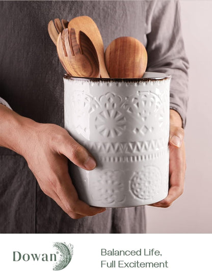 7.2" Kitchen Utensil Holder, Extra Large Farmhouse Utensil Holders for Countertop, Ceramic Utensil Crock, Anti Slip Cork Bottom