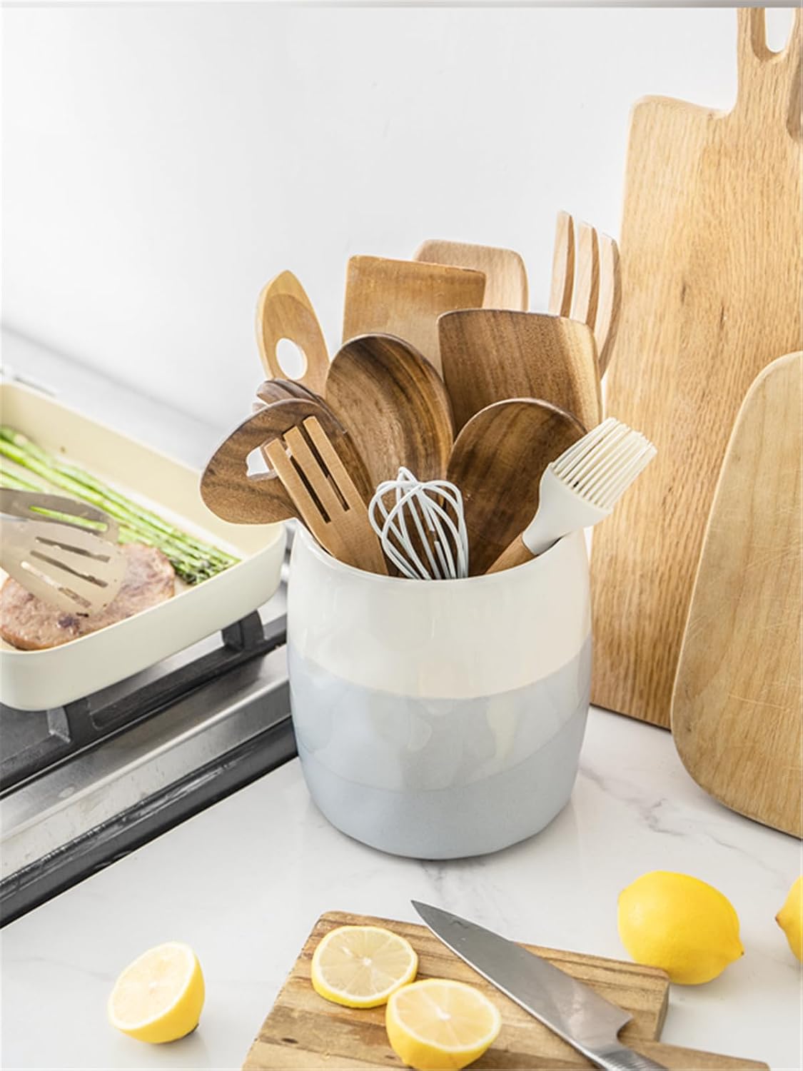 7.2" Kitchen Utensil Holder, Extra Large Farmhouse Utensil Holders for Countertop, Ceramic Utensil Crock, Anti Slip Cork Bottom