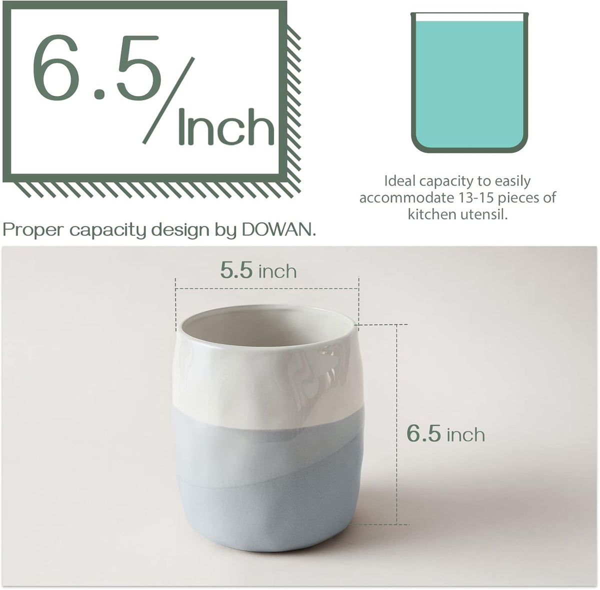 7.2" Kitchen Utensil Holder, Extra Large Farmhouse Utensil Holders for Countertop, Ceramic Utensil Crock, Anti Slip Cork Bottom