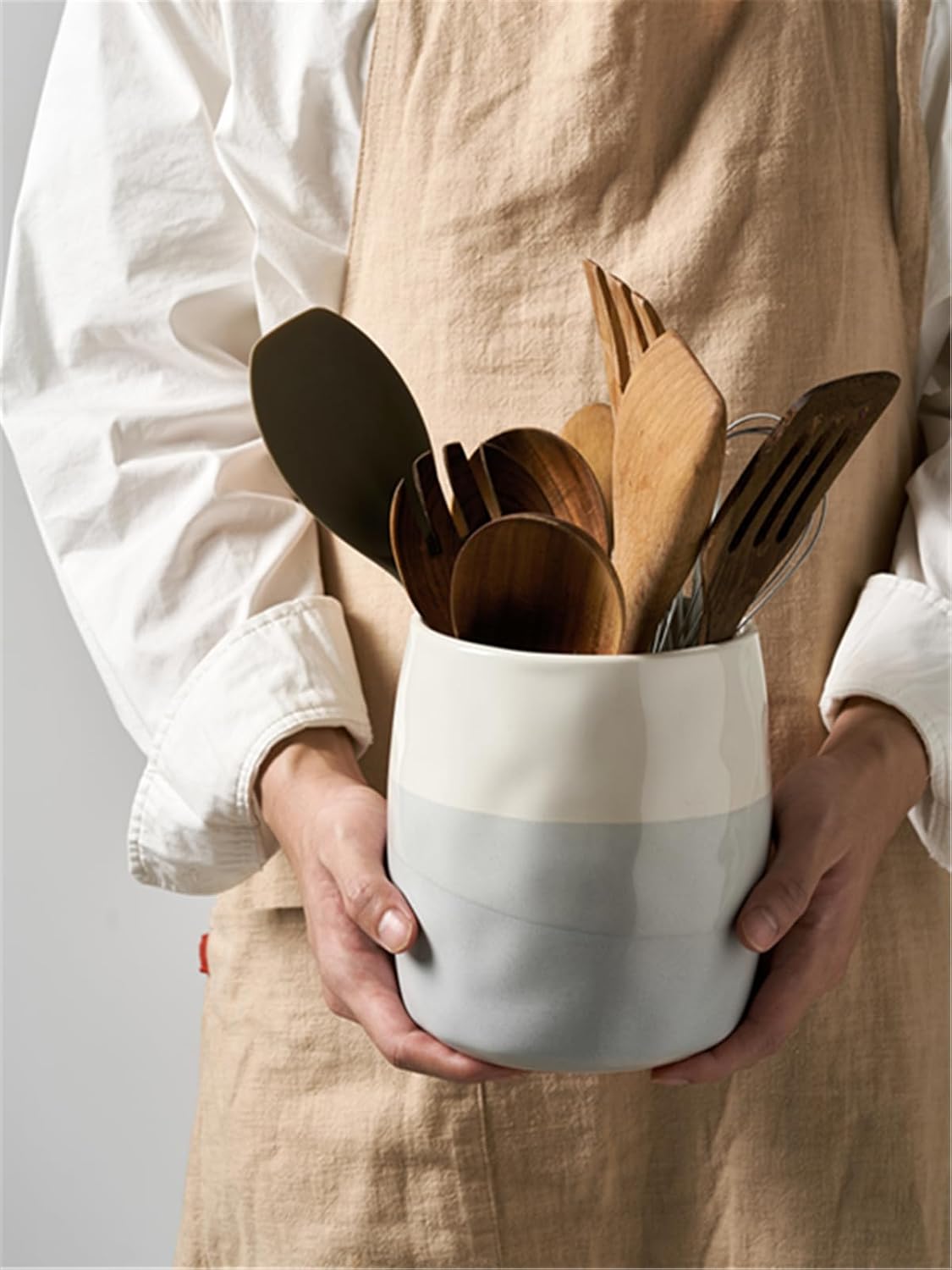 7.2" Kitchen Utensil Holder, Extra Large Farmhouse Utensil Holders for Countertop, Ceramic Utensil Crock, Anti Slip Cork Bottom