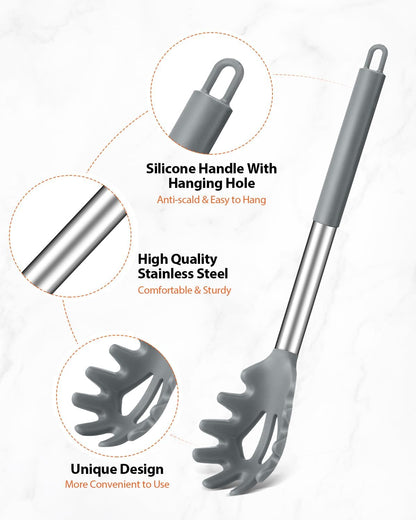 Silicone Spaghetti Spoon & Pasta Tong With Pasta Measurer, 3 Pack of Non-Stick Stainless Steel Handle Pasta Fork Set with Teeth, Food Clip for Easy Serving of Noodles (BLUE)