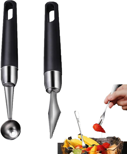 4 Pack Melon Baller Scoon Set,Stainless Steel Fruit Carving Cuter,DIY Fruit Baller Spoon Shapes Platter,Watermelon Cantaloupe Ice Cream Tool,Bring Two Fruit Forks and Mooncake Forks