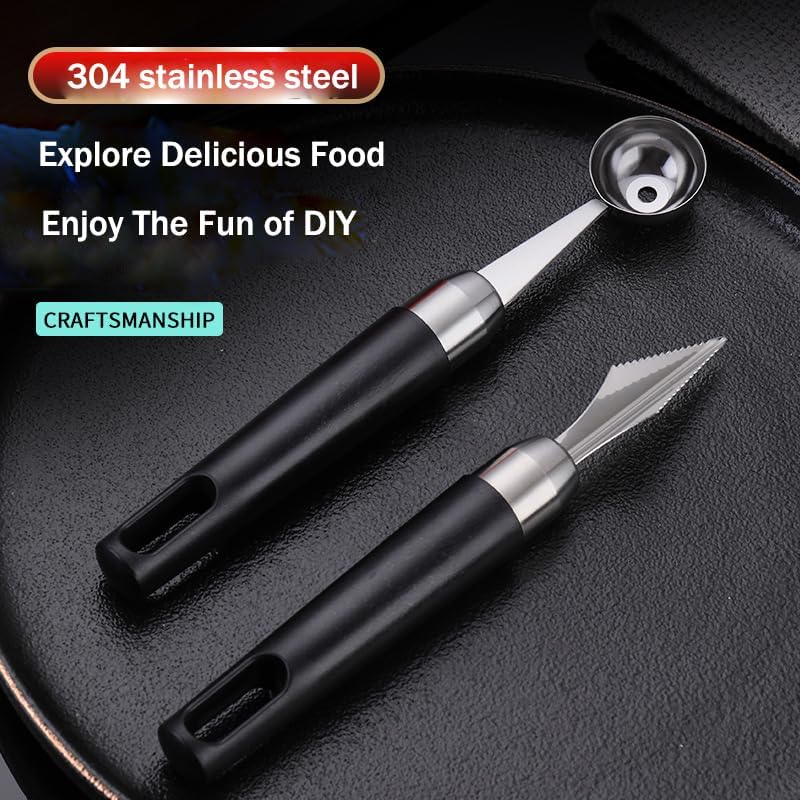 4 Pack Melon Baller Scoon Set,Stainless Steel Fruit Carving Cuter,DIY Fruit Baller Spoon Shapes Platter,Watermelon Cantaloupe Ice Cream Tool,Bring Two Fruit Forks and Mooncake Forks