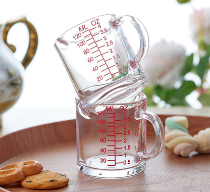 Shot Glass Measuring Cup 4 Ounce/120ML Liquid Heavy High Espresso Glass Cup with Handle,Double Spouts(Pack of 2)