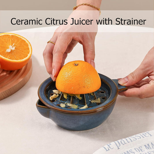 Ceramic Citrus Lemon Orange Juicer Manual Squeezer, Hand Juicer Reamer | Rotation Press with Strainer Lid, Spout, Handle, Dishwasher Safe, Easy to Clean