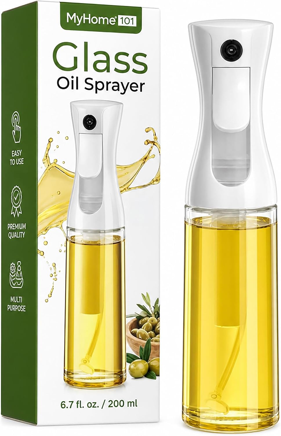 Glass Olive Oil Sprayer for Cooking - Fine Mist for Air Fryer | Refillable Oil Mister & Dispenser - Designed for Even Coverage, Less Mess, Roasting, Grilling & Baking - 6.7 fl oz (200 mL)