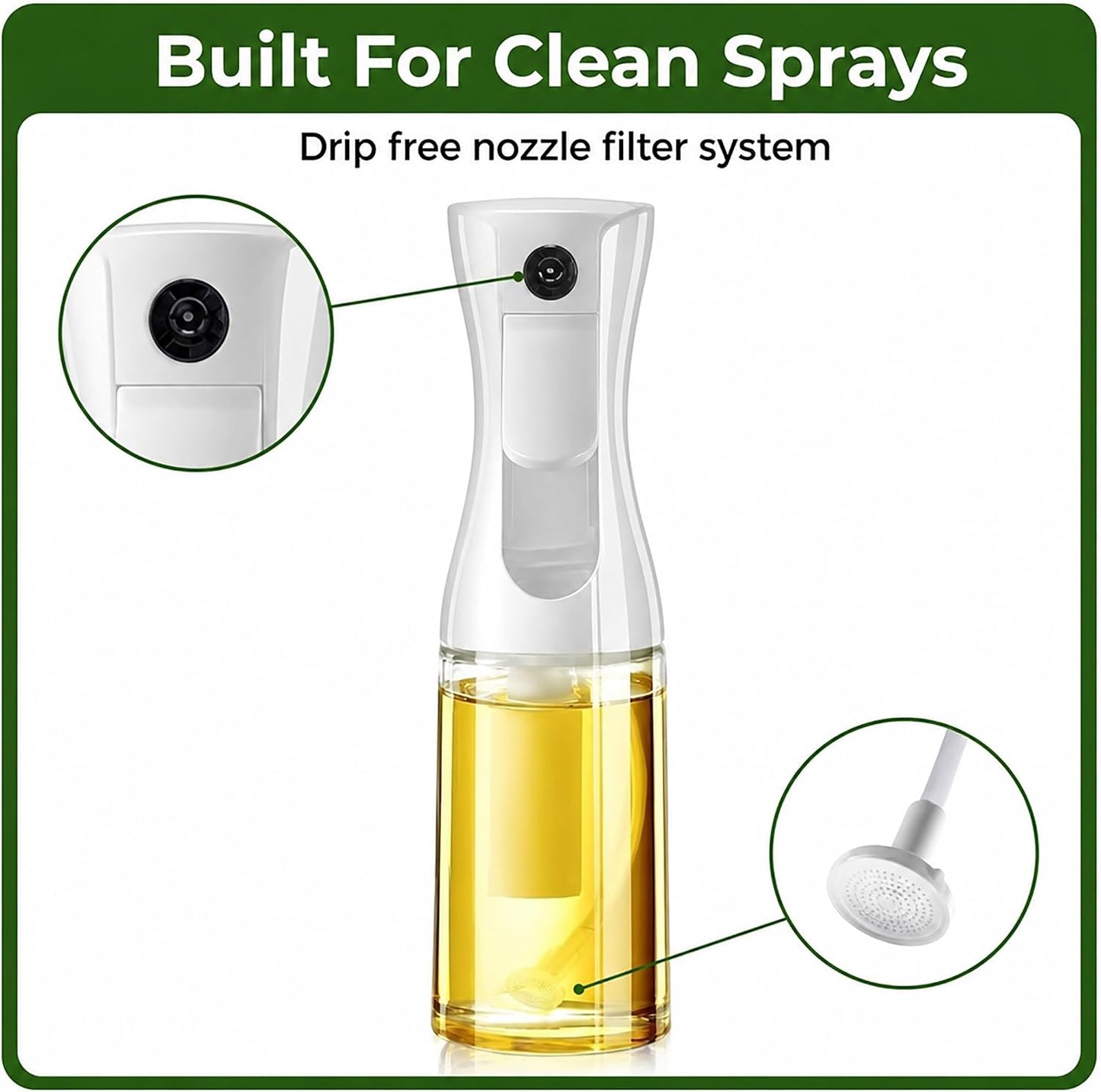 Glass Olive Oil Sprayer for Cooking - Fine Mist for Air Fryer | Refillable Oil Mister & Dispenser - Designed for Even Coverage, Less Mess, Roasting, Grilling & Baking - 6.7 fl oz (200 mL)