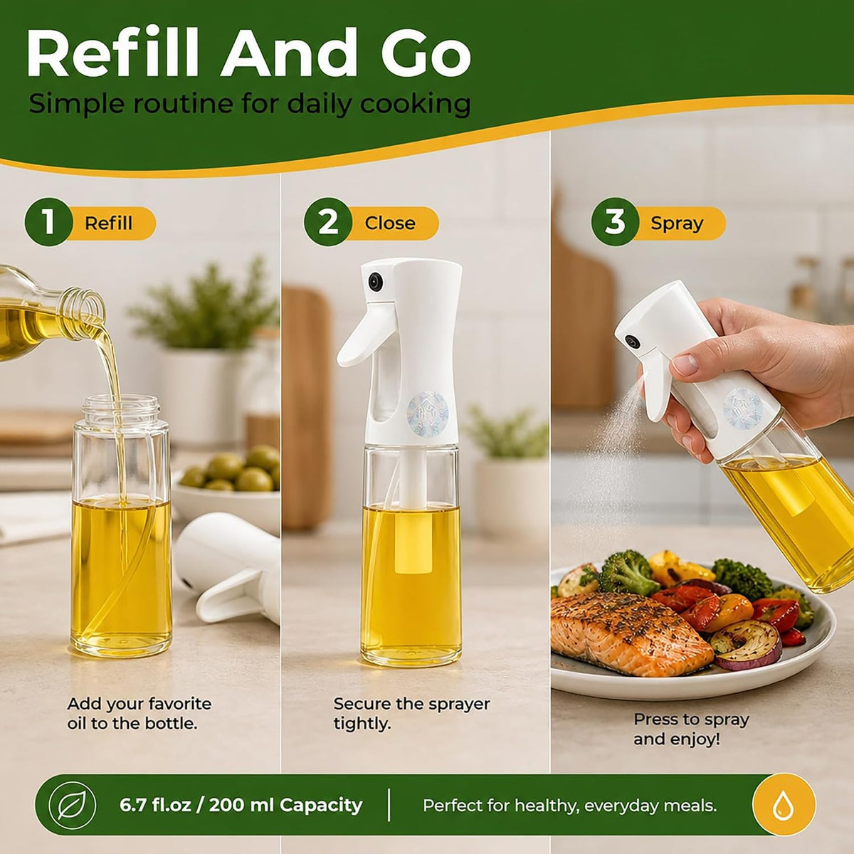 Glass Olive Oil Sprayer for Cooking - Fine Mist for Air Fryer | Refillable Oil Mister & Dispenser - Designed for Even Coverage, Less Mess, Roasting, Grilling & Baking - 6.7 fl oz (200 mL)