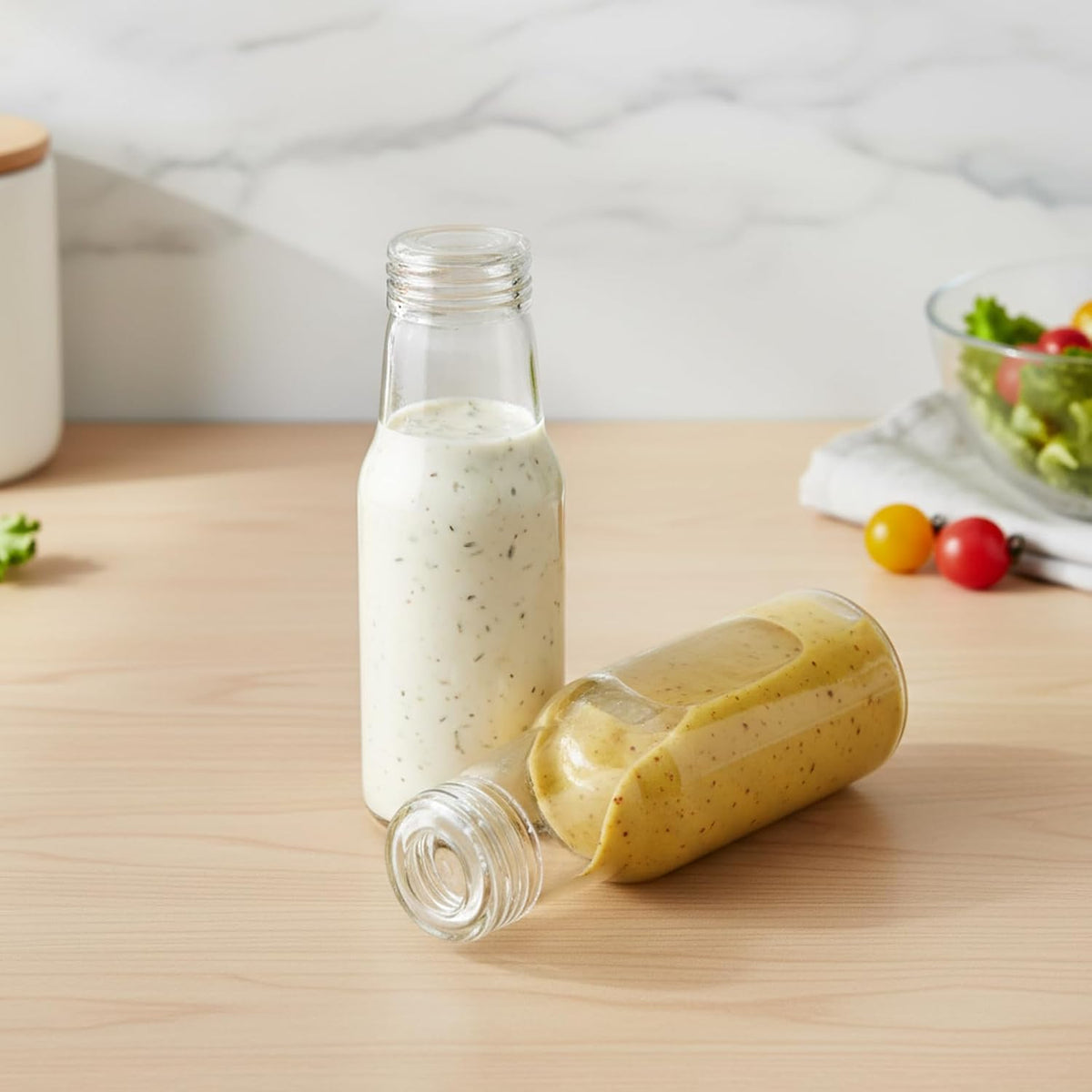 Salad Dressing Container 16 Oz Glass 2 Pack, Salad Dressing Shaker Bottle, Leakproof Glass Shaker Bottle for Oil Vinegar Kitchen Fridge Storage Meal Prep Lunch and On the Go