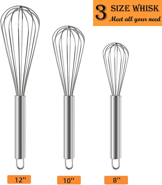Stainless Steel Whisk Set, 3 Packs Balloon Whisk for Cooking, Whisking, Blending (8",10",12")