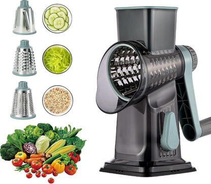 Rotary Cheese Grater, 3-in-1 Manual Vegetable Slicer with Handle, Safer Kitchen Mandoline Shredder with Suction Base for Cheese, Nuts, Potatoes & Salads – Easy to Clean (Smoke Grey)