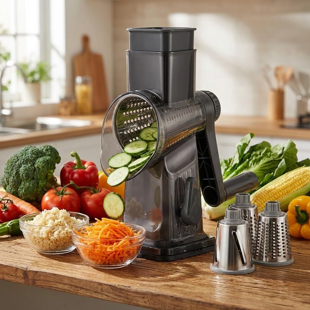 Rotary Cheese Grater, 3-in-1 Manual Vegetable Slicer with Handle, Safer Kitchen Mandoline Shredder with Suction Base for Cheese, Nuts, Potatoes & Salads – Easy to Clean (Smoke Grey)