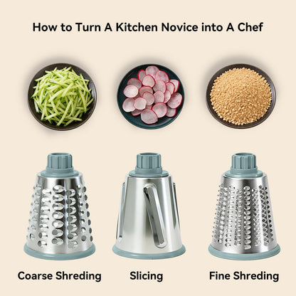 Rotary Cheese Grater, 3-in-1 Manual Vegetable Slicer with Handle, Safer Kitchen Mandoline Shredder with Suction Base for Cheese, Nuts, Potatoes & Salads – Easy to Clean (Smoke Grey)