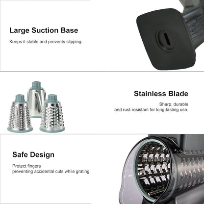 Rotary Cheese Grater, 3-in-1 Manual Vegetable Slicer with Handle, Safer Kitchen Mandoline Shredder with Suction Base for Cheese, Nuts, Potatoes & Salads – Easy to Clean (Smoke Grey)
