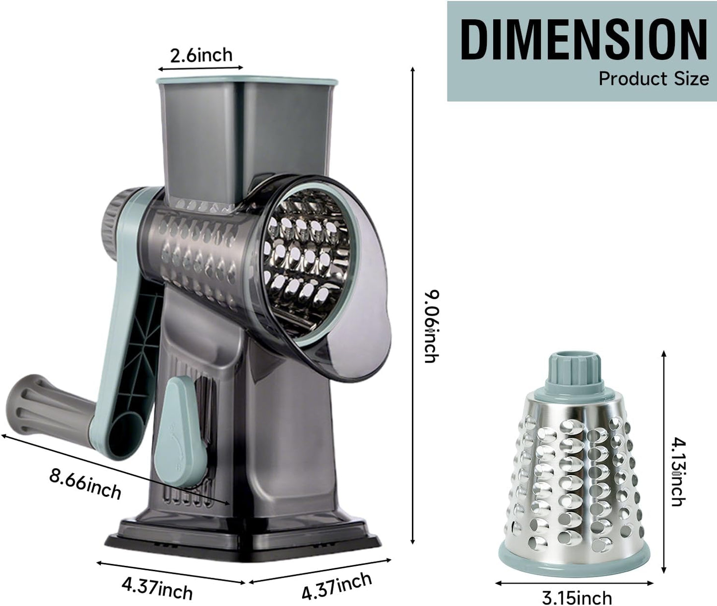 Rotary Cheese Grater, 3-in-1 Manual Vegetable Slicer with Handle, Safer Kitchen Mandoline Shredder with Suction Base for Cheese, Nuts, Potatoes & Salads – Easy to Clean (Smoke Grey)