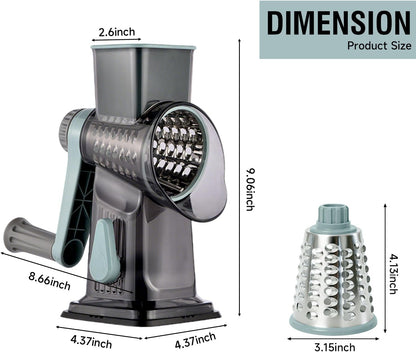 Rotary Cheese Grater, 3-in-1 Manual Vegetable Slicer with Handle, Safer Kitchen Mandoline Shredder with Suction Base for Cheese, Nuts, Potatoes & Salads – Easy to Clean (Smoke Grey)
